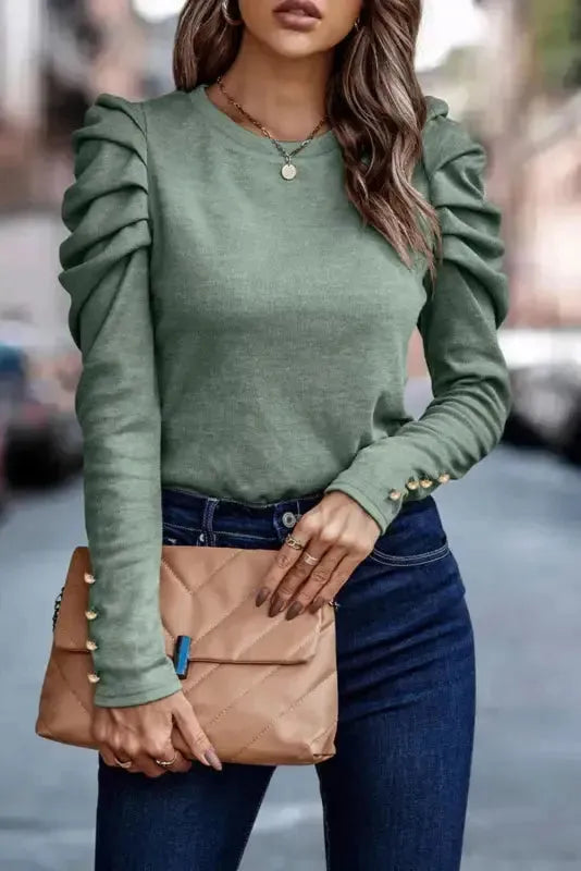 Buttoned Sheath Top - Puff Long Sleeve - Fashionfitz