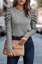 Buttoned Sheath Top - Puff Long Sleeve - Fashionfitz