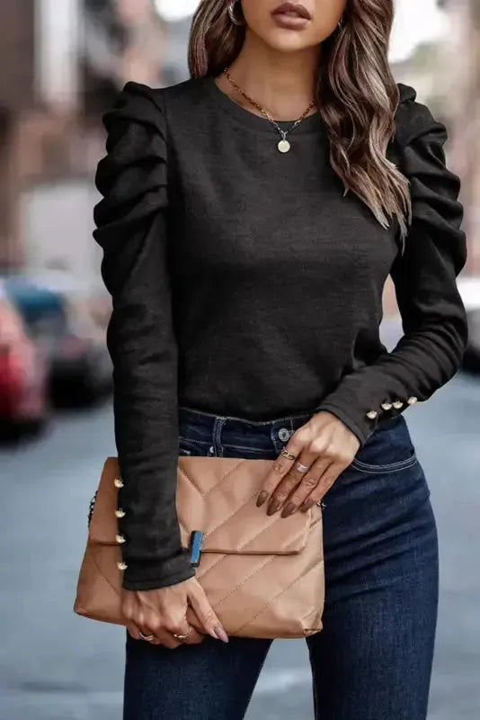 Black buttoned puff long sleeve sheath top front view — Fashionfitz UK