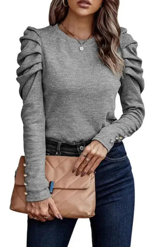 Buttoned Sheath Top - Puff Long Sleeve - Fashionfitz