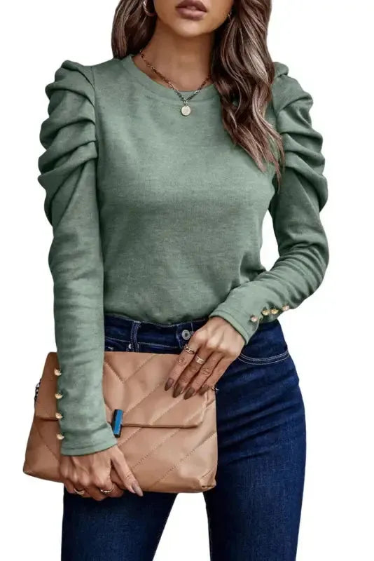 Buttoned Sheath Top - Puff Long Sleeve - Fashionfitz