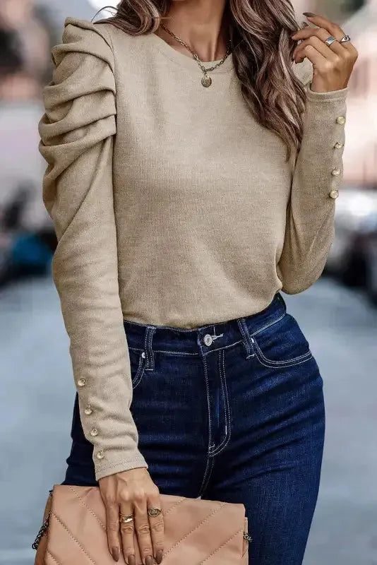 Buttoned Sheath Top - Puff Long Sleeve - Fashionfitz