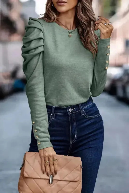 Buttoned Sheath Top - Puff Long Sleeve - Fashionfitz