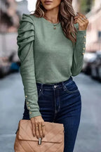 Buttoned Sheath Top - Puff Long Sleeve - Fashionfitz