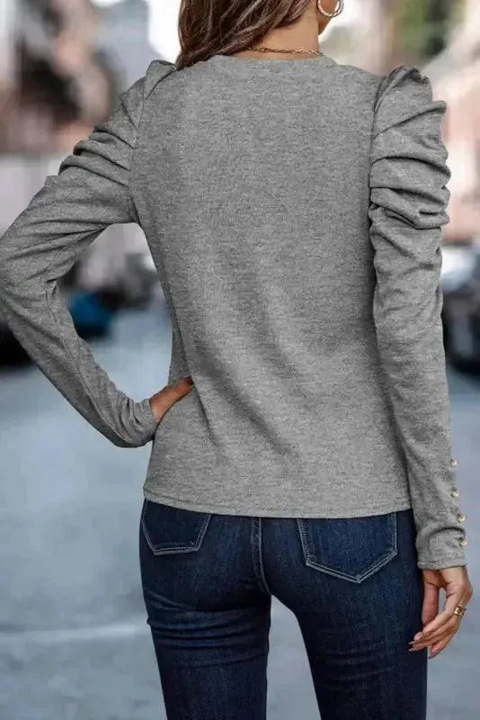 Buttoned Sheath Top - Puff Long Sleeve - Fashionfitz