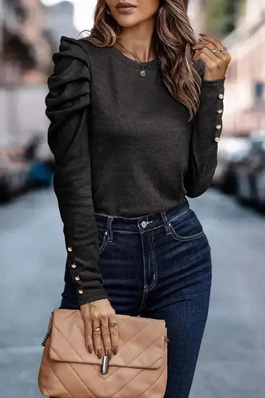 Buttoned Sheath Top - Puff Long Sleeve - Fashionfitz