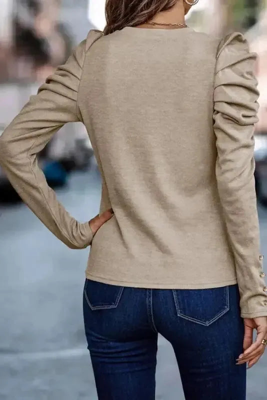 Buttoned Sheath Top - Puff Long Sleeve - Fashionfitz