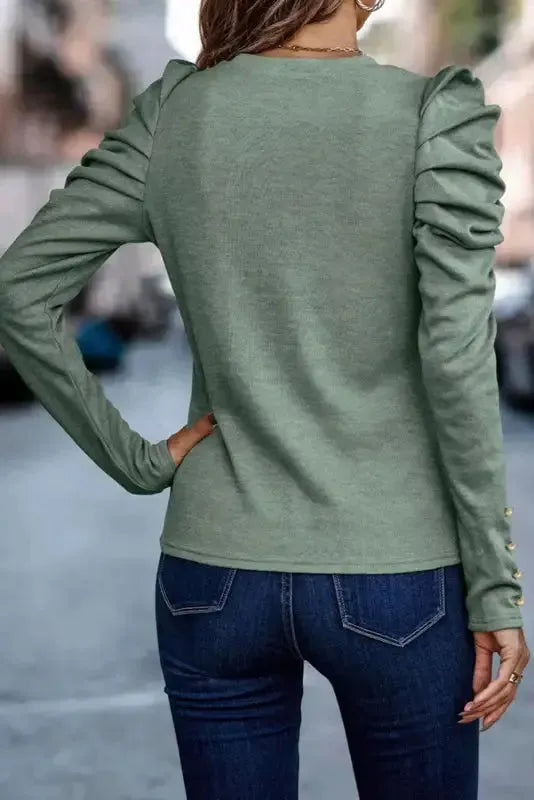 Buttoned Sheath Top - Puff Long Sleeve - Fashionfitz