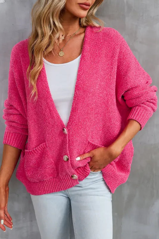 Buttons loose sweater cardigan - rose / m / 100% polyester - cardigans