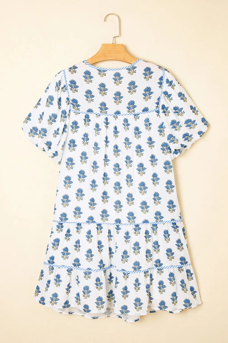 Sky Blue Floral Puff Sleeve Tied Neck Pocketed Mini Dress Women UK