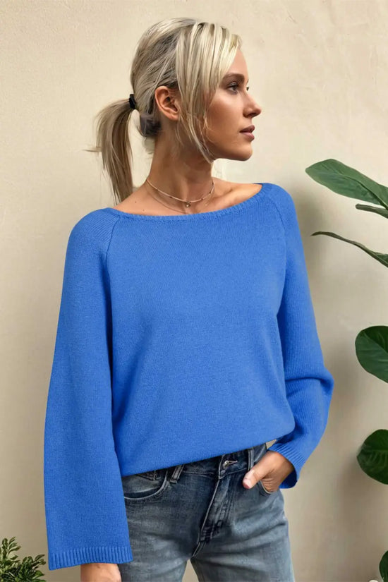 Relaxed fit blue Bell Sleeve Loose Knit Jumper with statement sleeves, perfect for layering in cooler seasons.