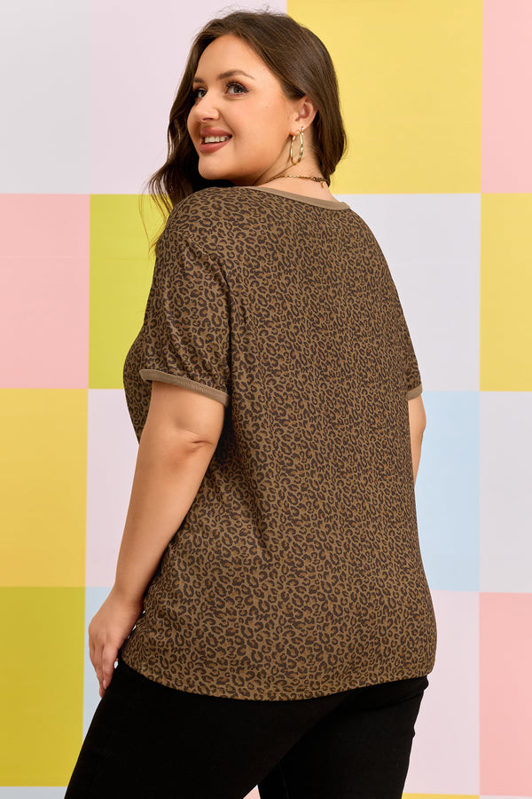 Khaki leopard ribbed trim plus size tee — side view showing ribbed trim detail