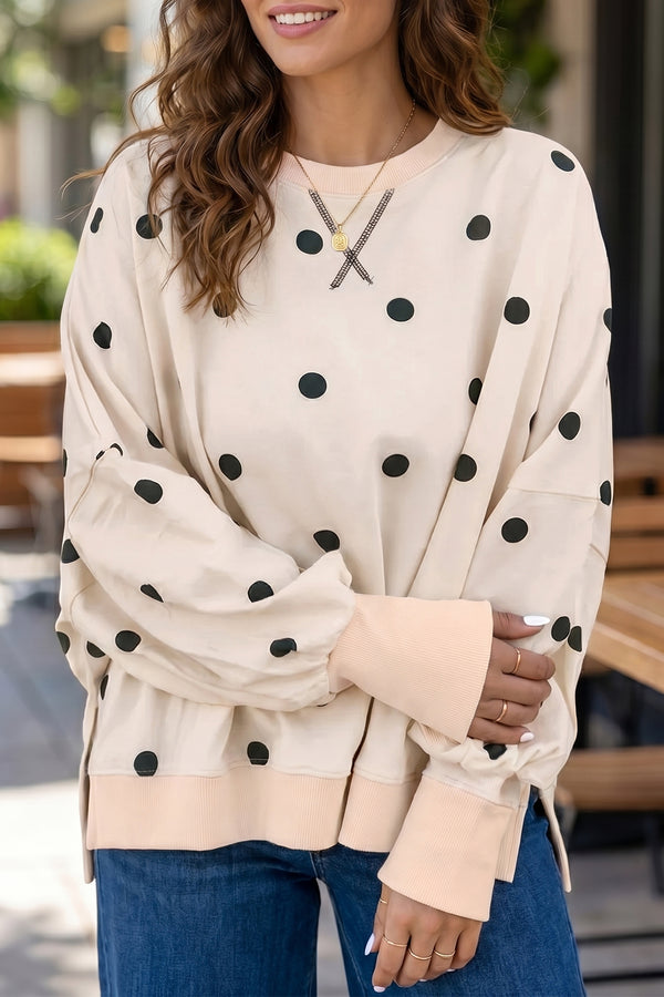 Polka Dot Long Sleeve Round Neck Tunic Sweatshirt — front view | Fashionfitz UK