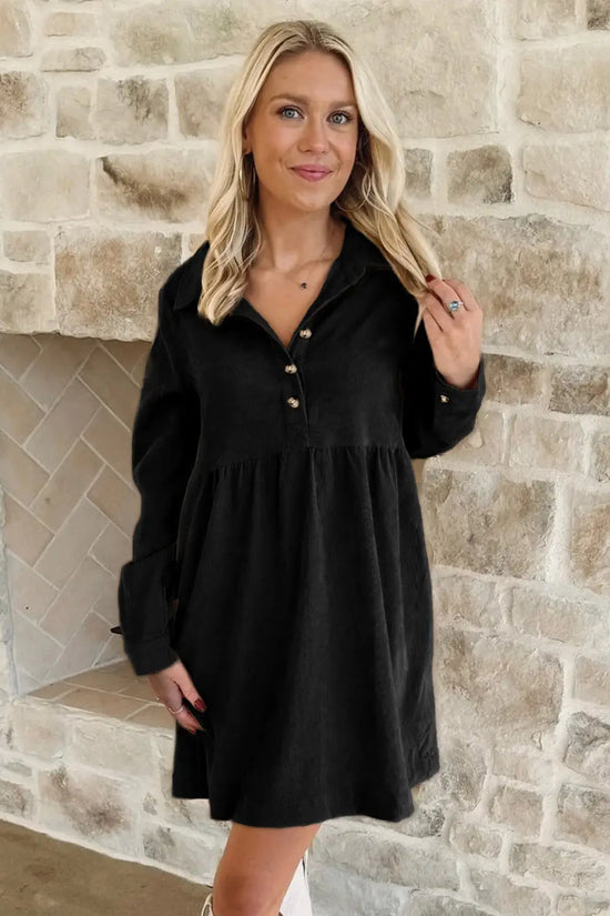 Corduroy mini dress half button collar long sleeve a-line women uk | fashionfitz