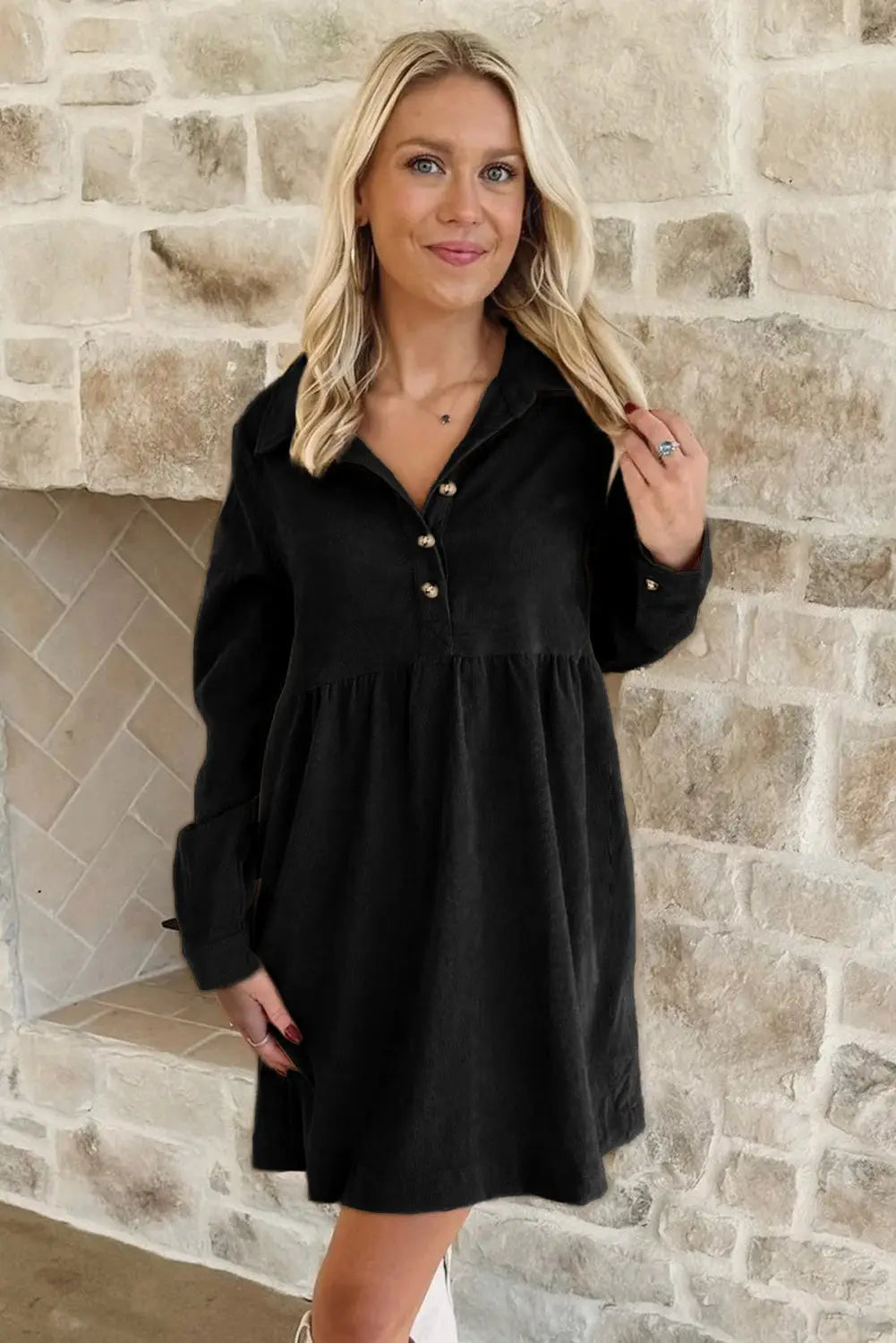 Corduroy mini dress half button collar long sleeve a-line women uk | fashionfitz
