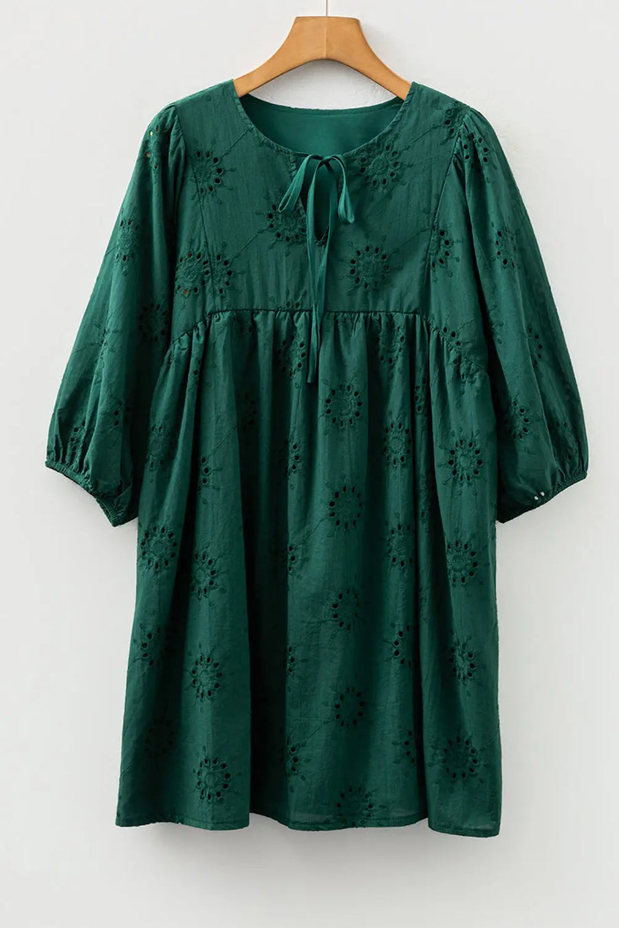 Blackish Green Embroidered Eyelet 3/4 Puff Sleeve Swing Mini Dress Women UK