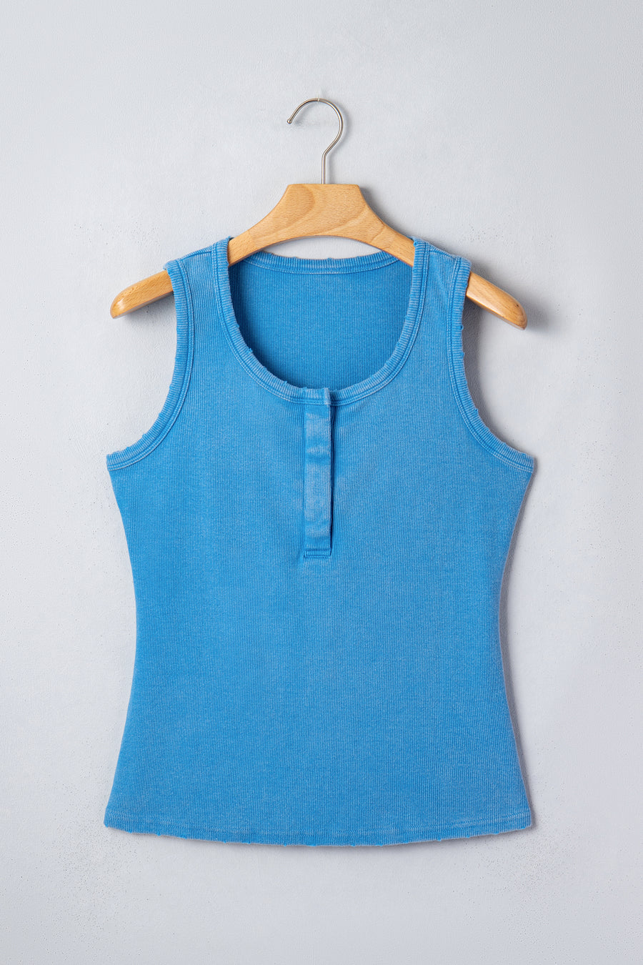 Vintage Distressed Ribbed Mineral Wash Button Neck Tank Top