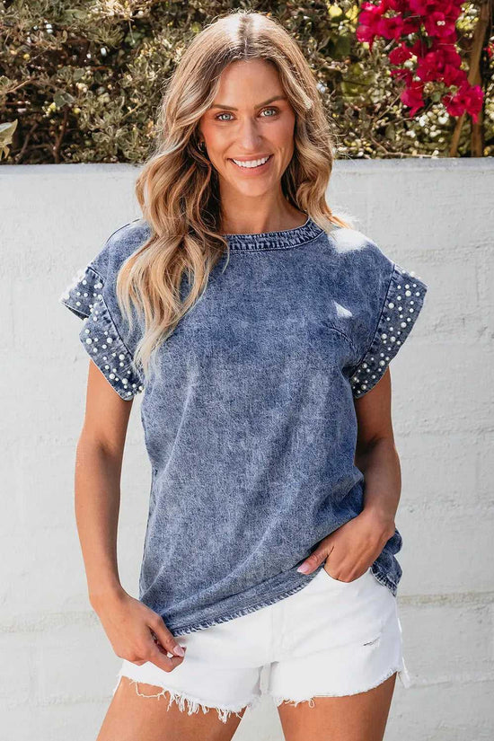 Denim Top - Dusk Blue Acid Wash Pearl Embellishments - Fashionfitz