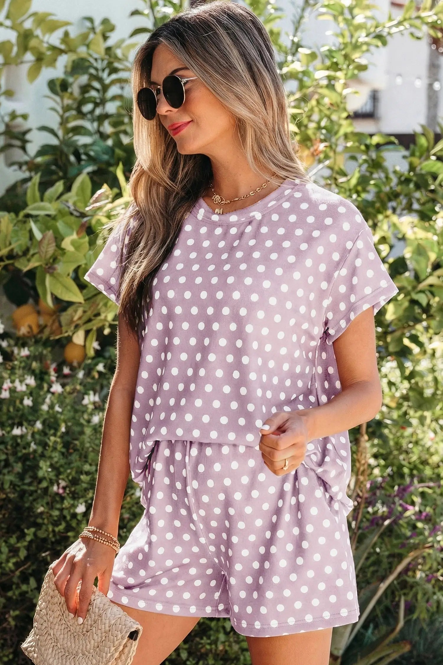 Purple polka dot print short set