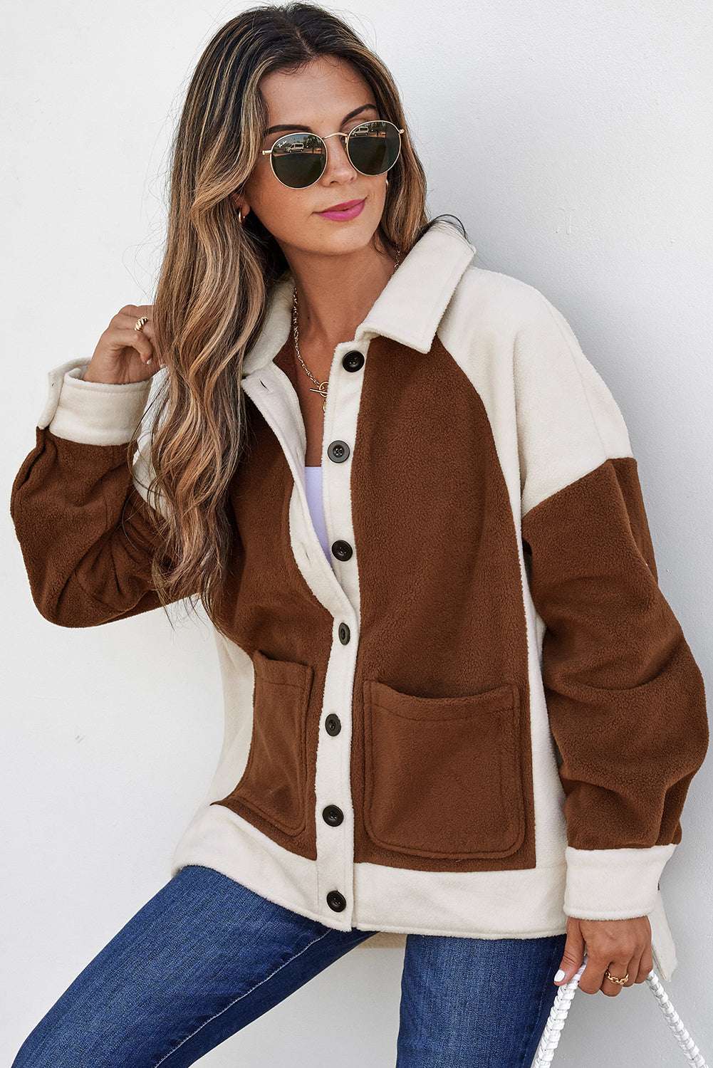 Side angle of Ladies Brown Panels Fleece Shacket Winter Casual, highlighting soft fleece texture and patch pockets in a color block style.