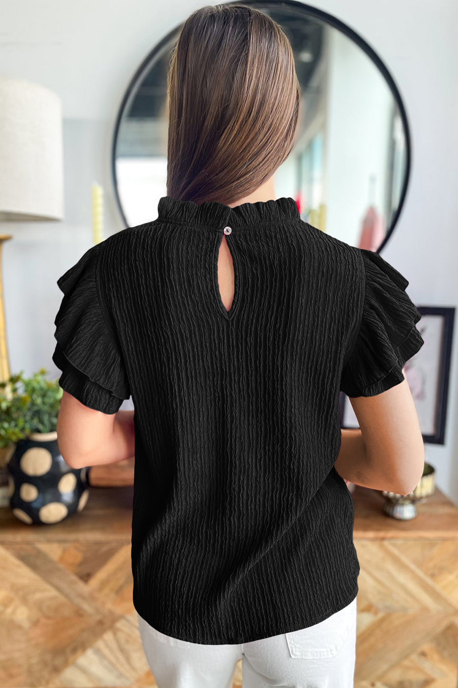 Black Textured Ruffle Trim Short Sleeve Blouse Women UK