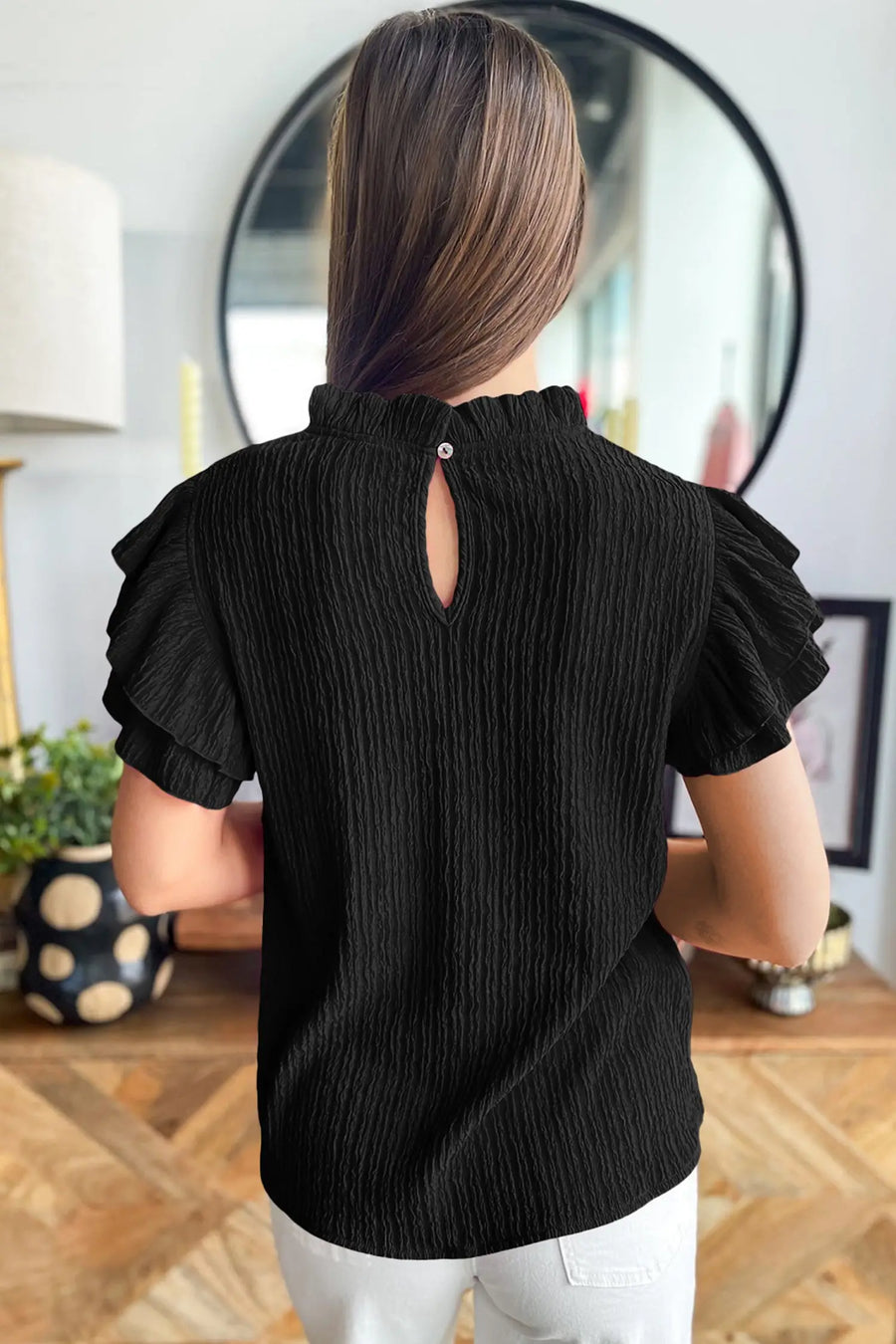 Black textured ruffle trim short sleeve blouse back view — Fashionfitz UK