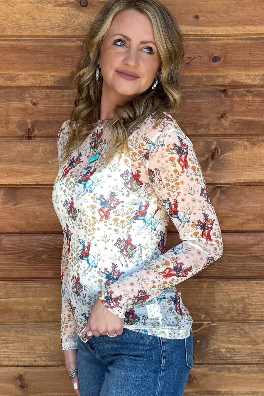 Beige Western Cowboy Floral Print Sheer Mesh Long Sleeve Top