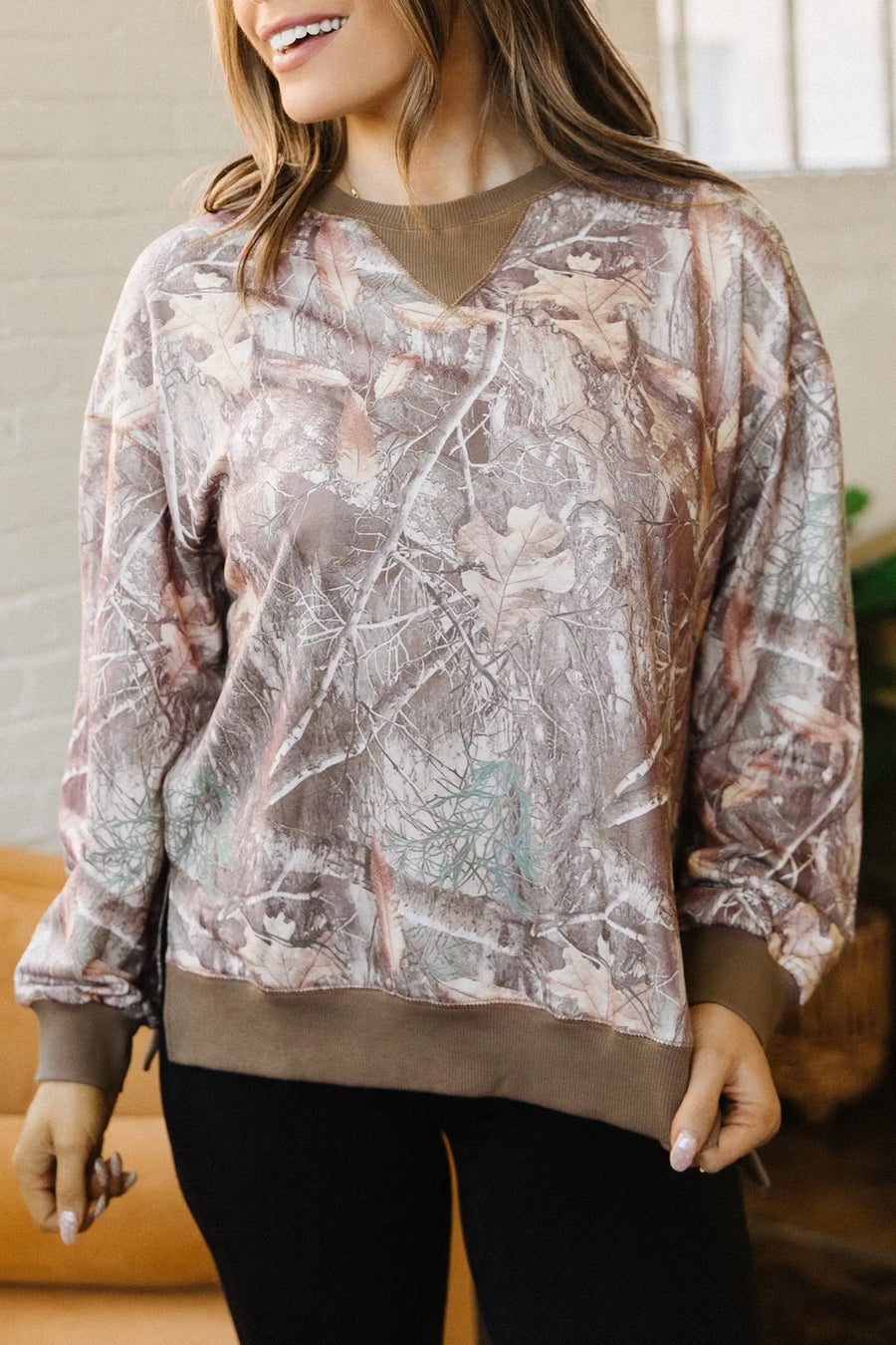 Brown Abstract Camo Colourblock Baggy Pullover Sweatshirt