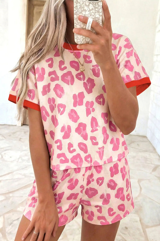 Rose unique leopard print contrast trim loose short set
