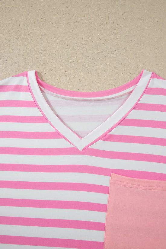 Plus size stripe colourblock v-neck tee patched pocket short sleeve uk | fashionfitz