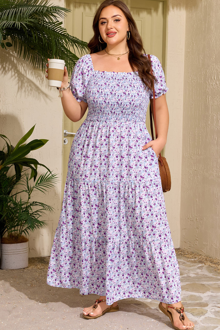 Floral Print Square Neck Smocked Plus Size Maxi Dress Women UK