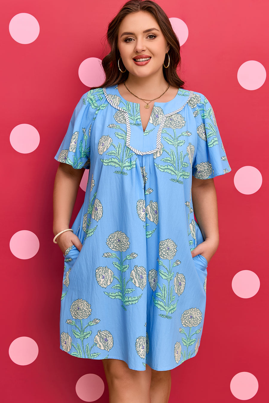 Sky Blue Plus Size Periwinkle Floral Split Neck Mini Dress Women UK — full length
