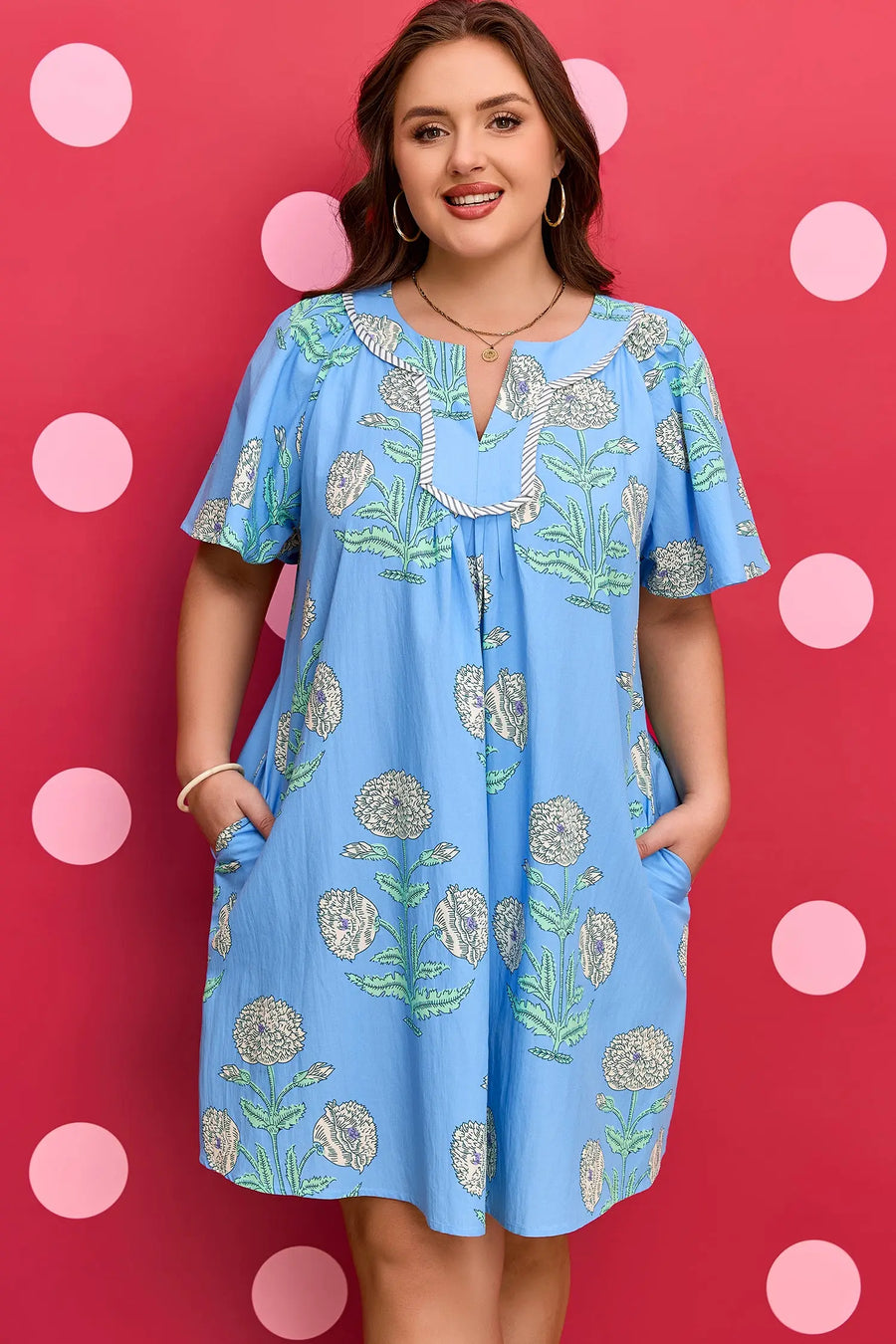 Sky Blue Plus Size Periwinkle Floral Split Neck Mini Dress Women UK — full length