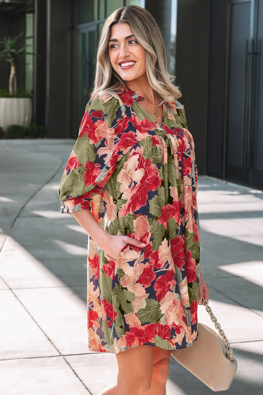 Green Floral Frilled Collar V Neck Half Sleeve Mini Dress Women UK — model shot