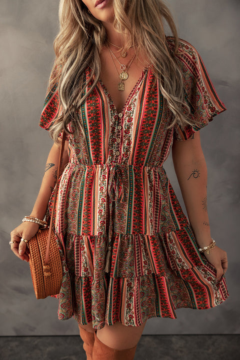 Red boho floral V neck ruffle tiered button dress women UK front view