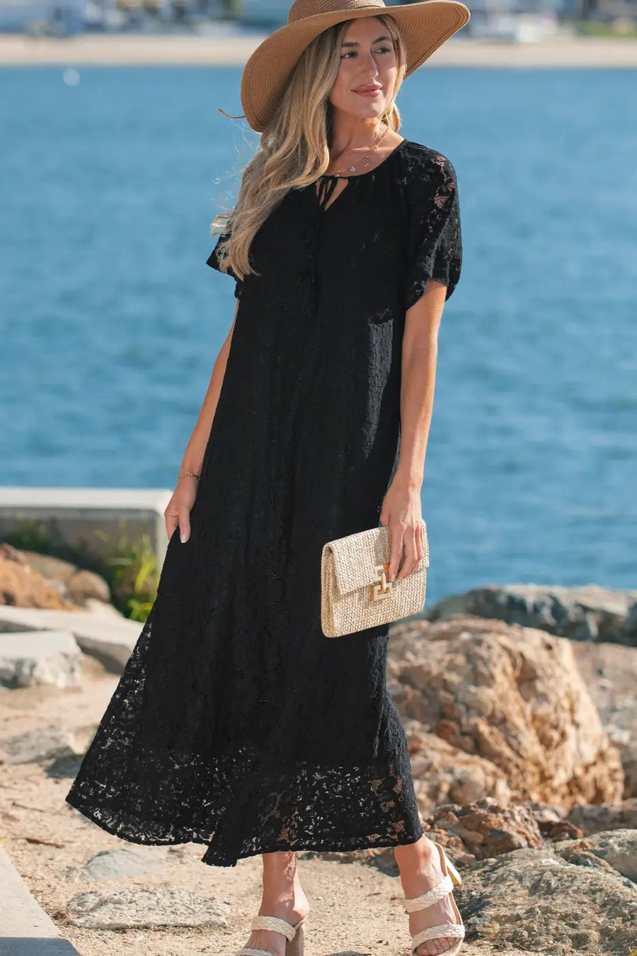 Black lace maxi dress women | overlay sundress