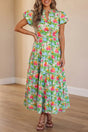 Green Floral V Neck Short Puff Sleeve Cotton Maxi Dress Women UK