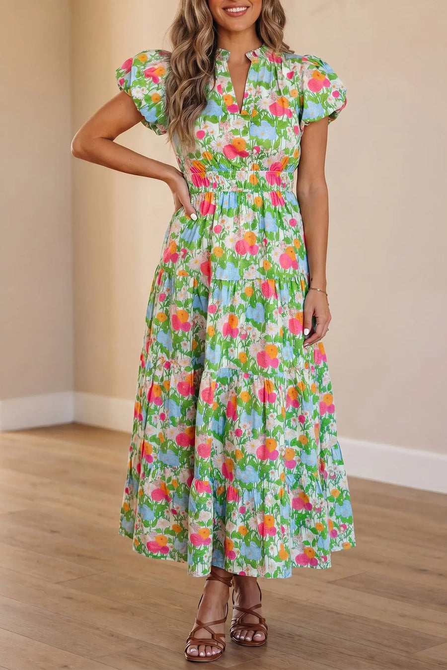 Green Floral V Neck Short Puff Sleeve Cotton Maxi Dress Women UK