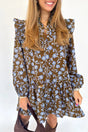 Brown Floral Shirt Collar Button Down Long Sleeve Dress Women UK — front view