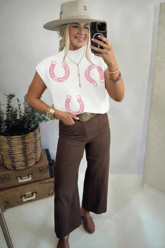 Corded horseshoe western sweater ribbed mock neck short sleeve loose knit sweaters