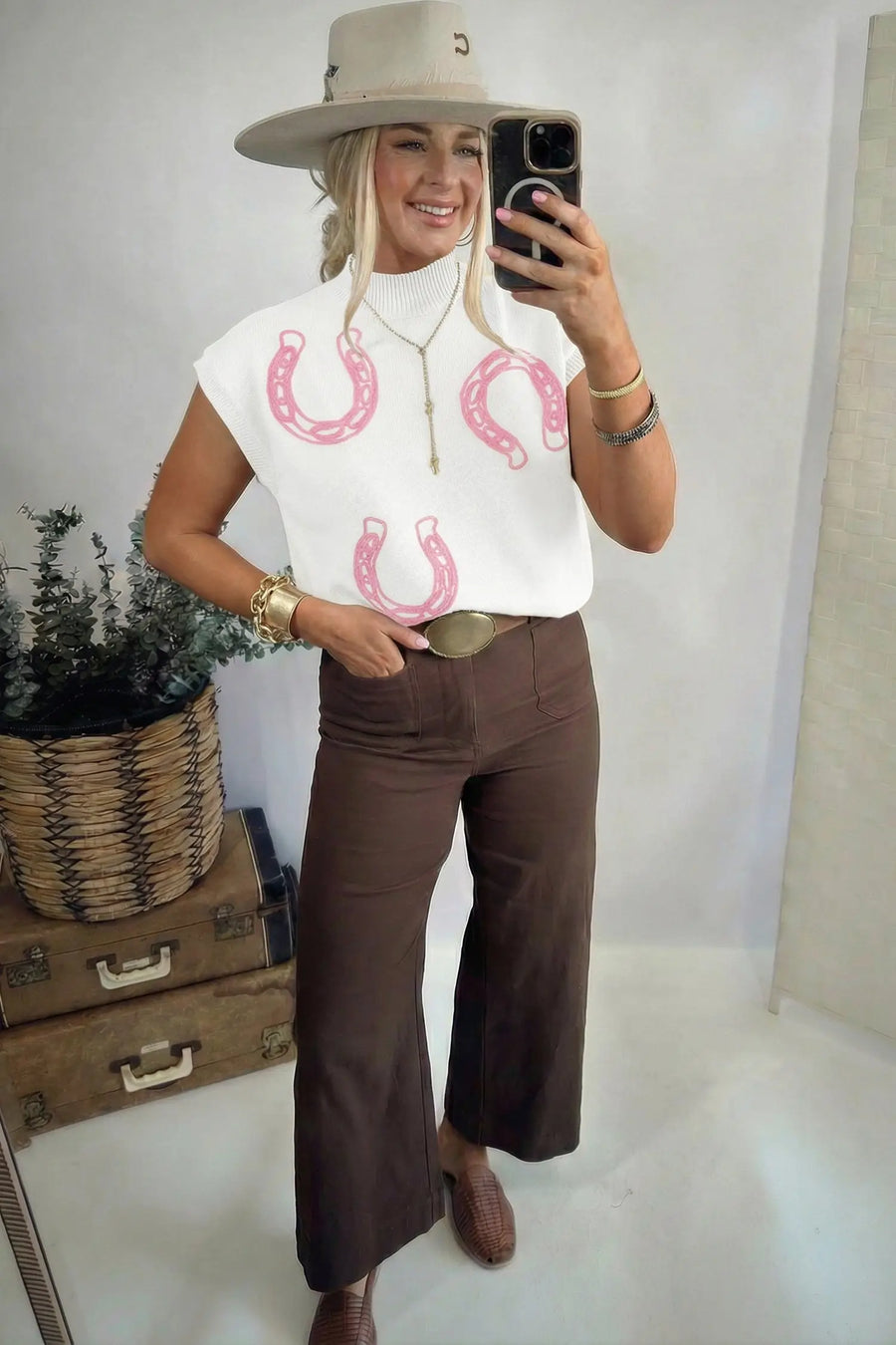Corded horseshoe western sweater ribbed mock neck short sleeve loose knit sweaters