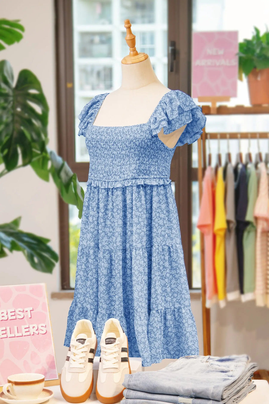 Sky Blue Floral Square Neck Smocked Tiered Mini Dress Women UK — model shot