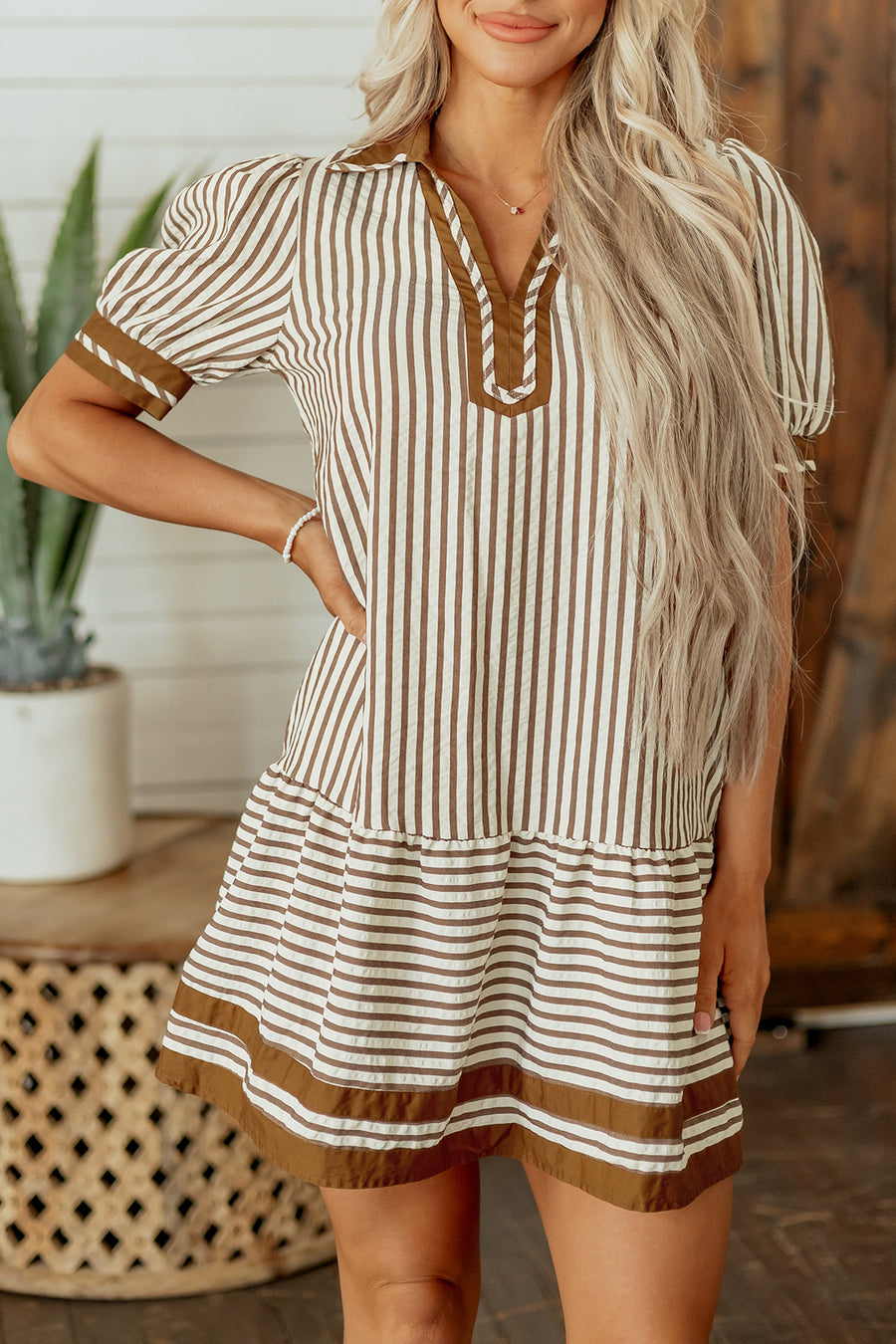 Stripe Shirt Collar Patchwork Ruffle Hem Mini Dress Women UK
