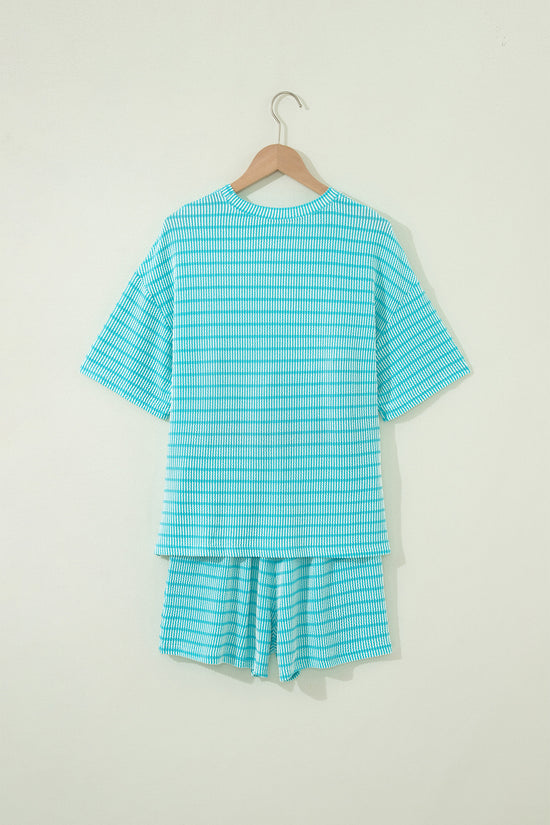 Stripe Raised Rib Loose Tee & Drawstring Elastic Waist Shorts Set