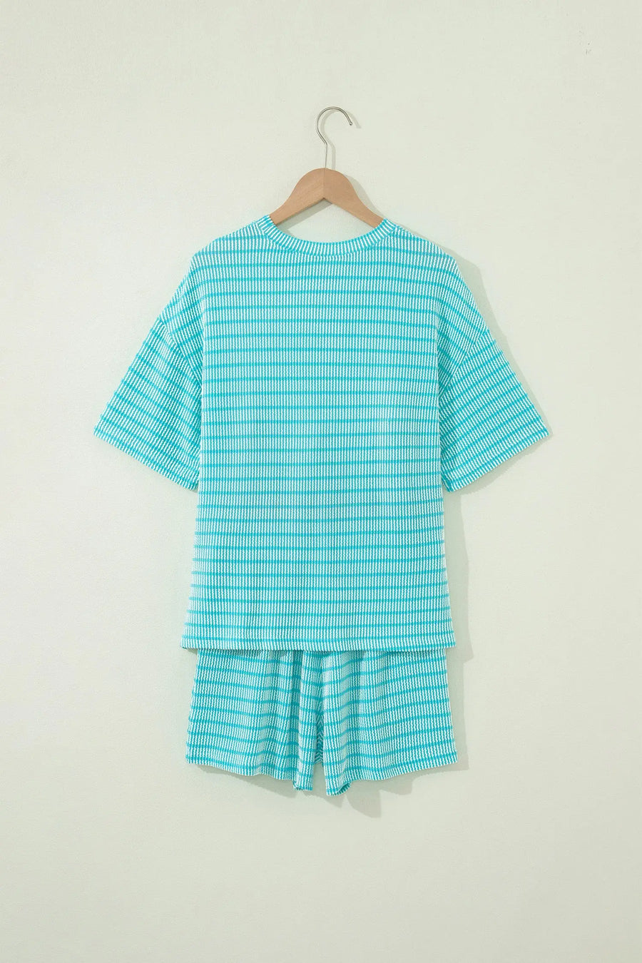 Stripe Raised Rib Loose Tee & Drawstring Elastic Waist Shorts Set