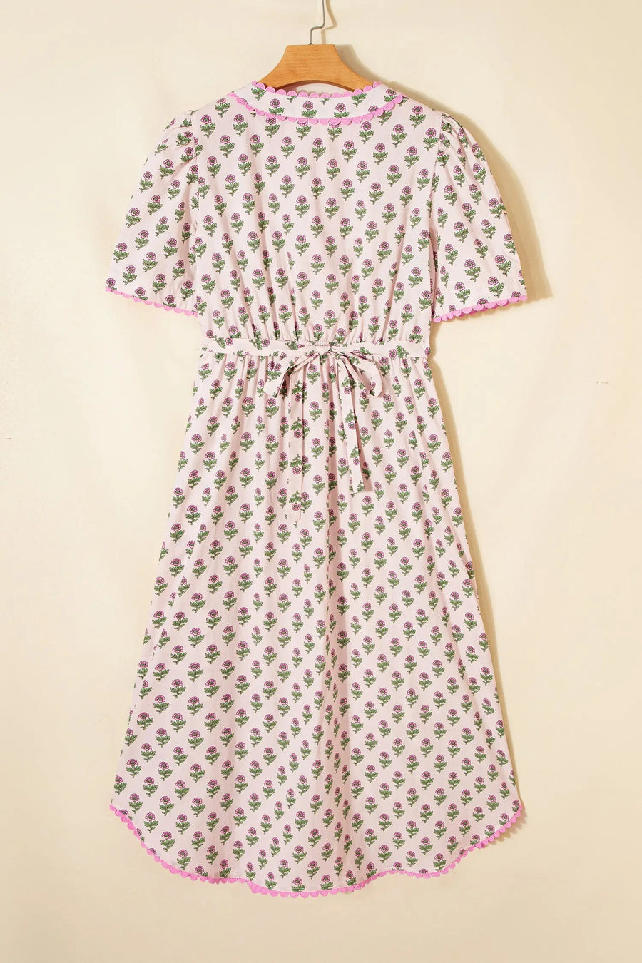 Pink Floral Scallop Trim V Neck Button Front Maxi Dress Women UK — model shot