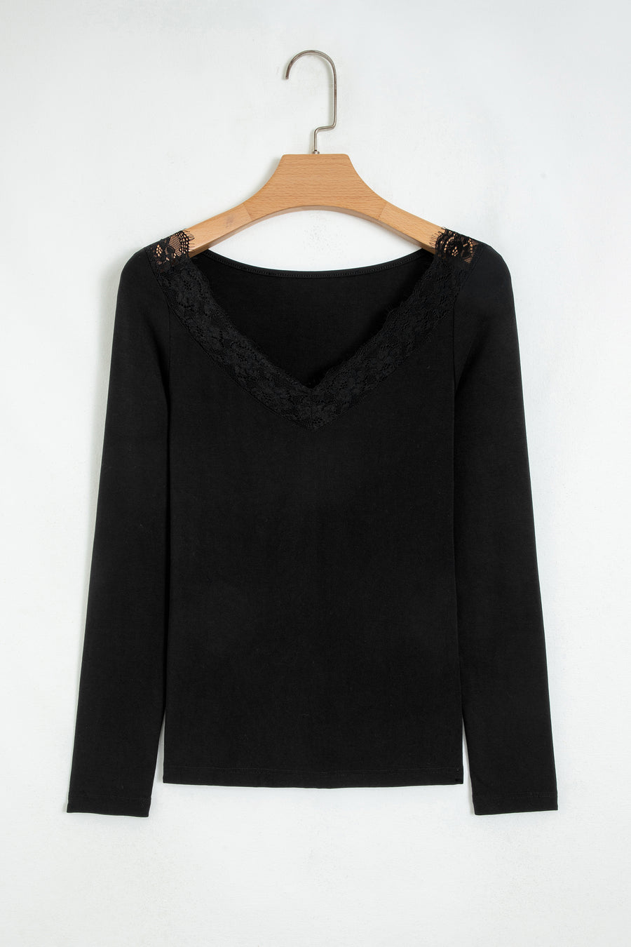 Lace Trim Elegant Neckline Long Sleeve Slim Top Women UK