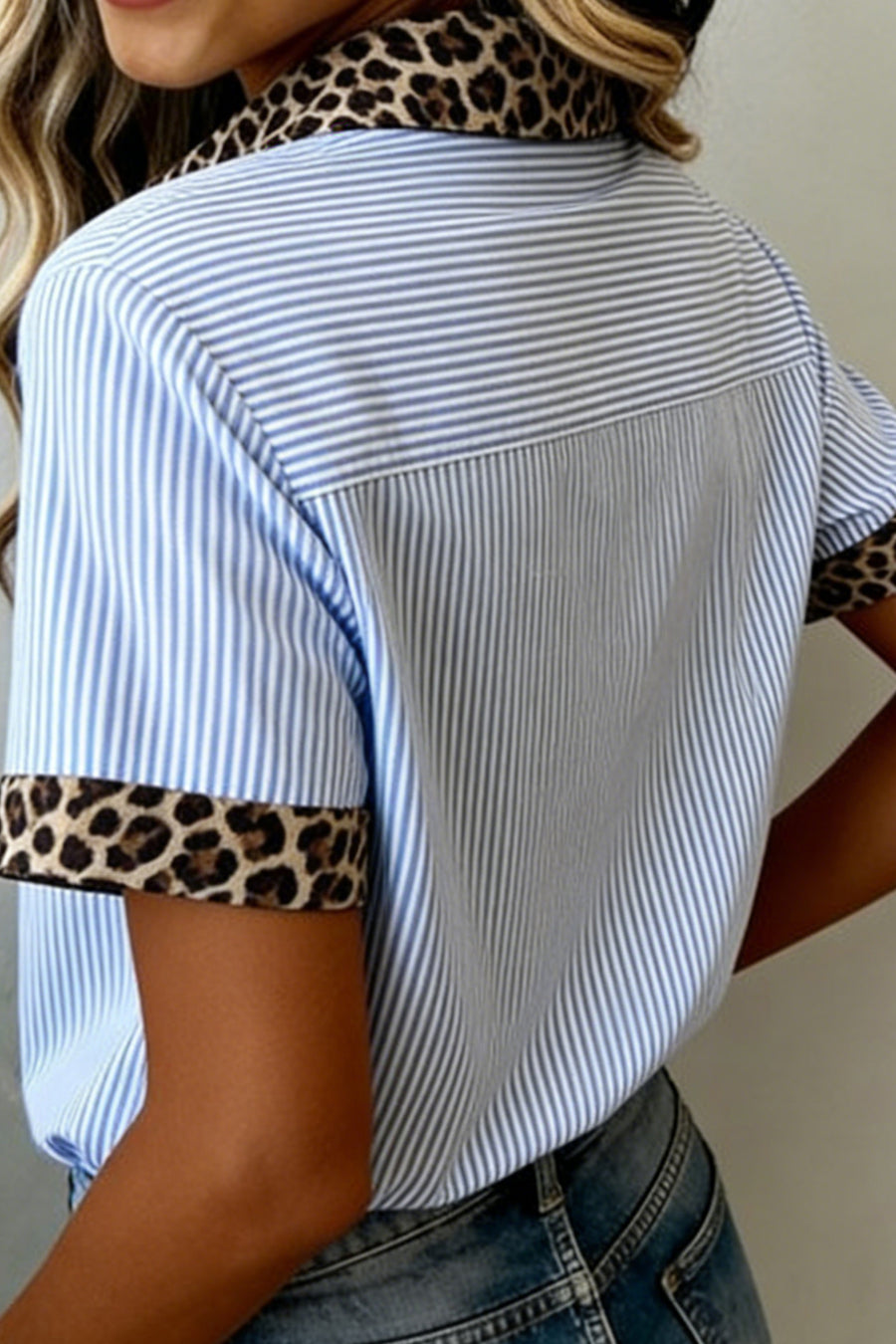Stripe Leopard Contrast Collar Short Sleeve Shirt Women UK