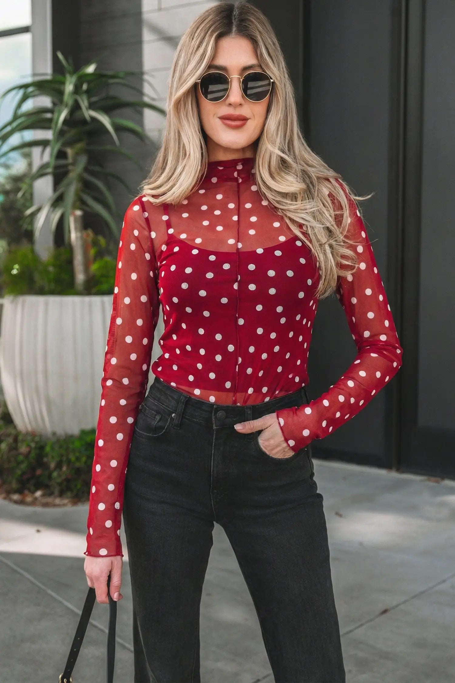Polka dot mesh bodycon top mock neck long sleeve sheath fit