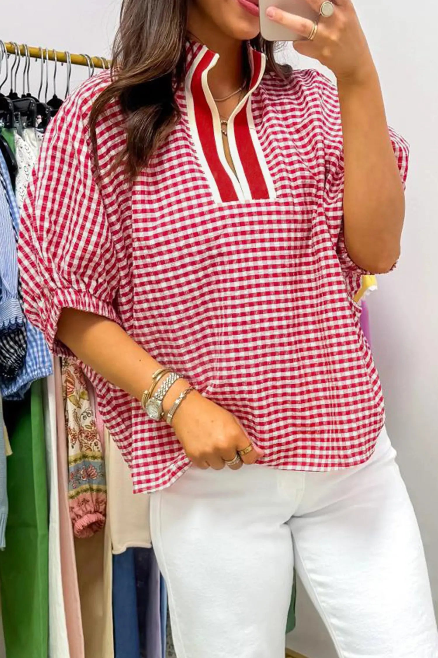 Green plaid short sleeve colorblock trim split neck blouse